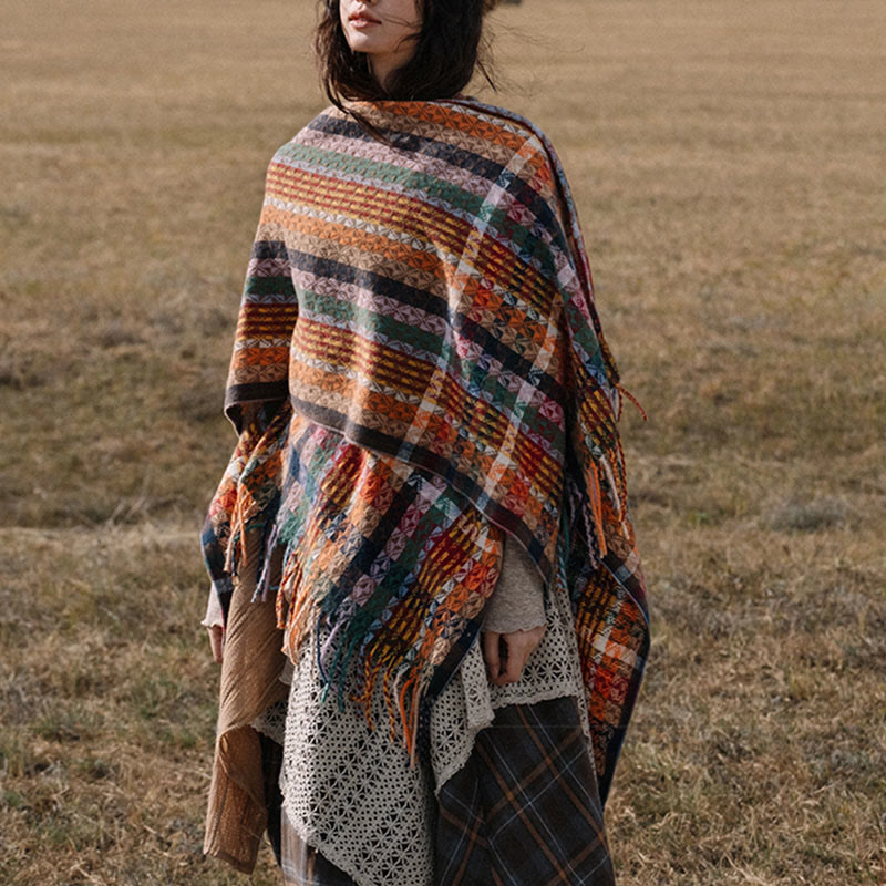 Écharpe douce à rayures colorées et pompons en Buddha Stones tibétaines pour l'automne et l'hiver - image 9