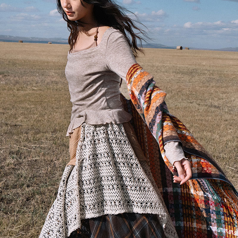 Écharpe douce à rayures colorées et pompons en Buddha Stones tibétaines pour l'automne et l'hiver - image 12