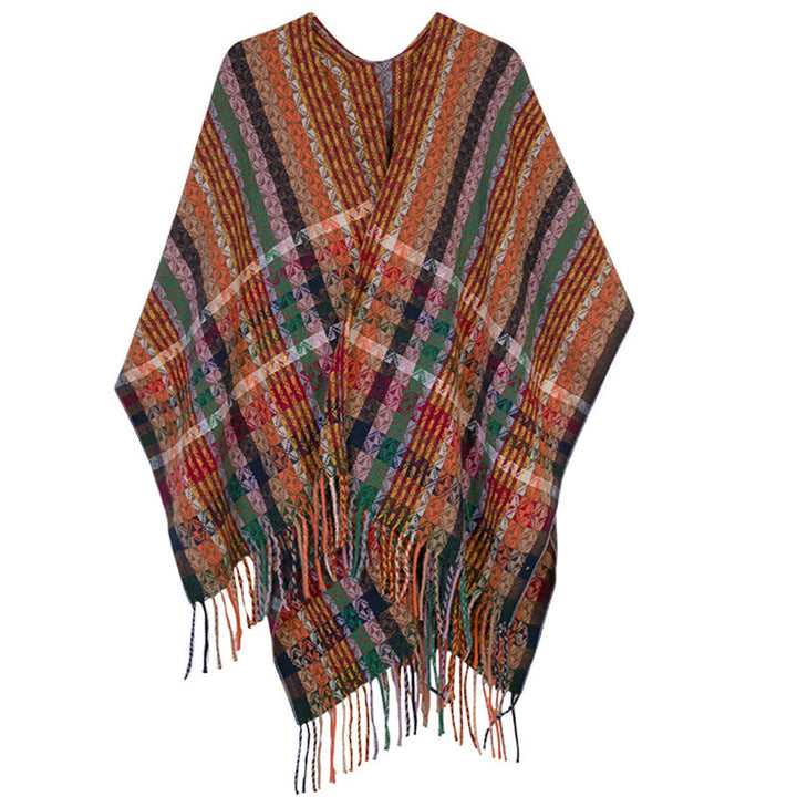 Écharpe douce à rayures colorées et pompons en Buddha Stones tibétaines pour l'automne et l'hiver