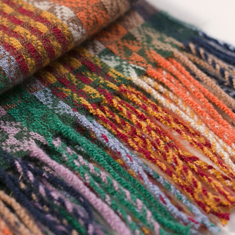 Écharpe douce à rayures colorées et pompons en Buddha Stones tibétaines pour l'automne et l'hiver