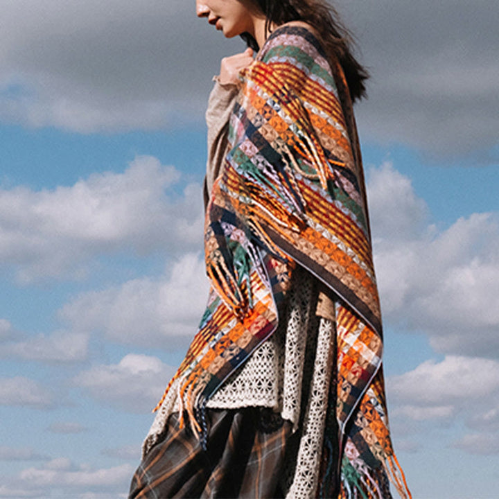 Écharpe douce à rayures colorées et pompons en Buddha Stones tibétaines pour l'automne et l'hiver - image 7