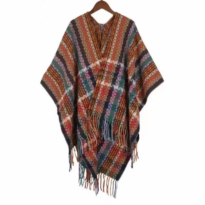 Écharpe douce à rayures colorées et pompons en Buddha Stones tibétaines pour l'automne et l'hiver