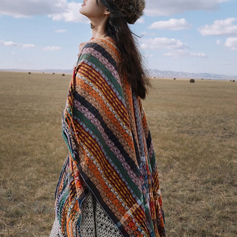 Écharpe douce à rayures colorées et pompons en Buddha Stones tibétaines pour l'automne et l'hiver - image 4