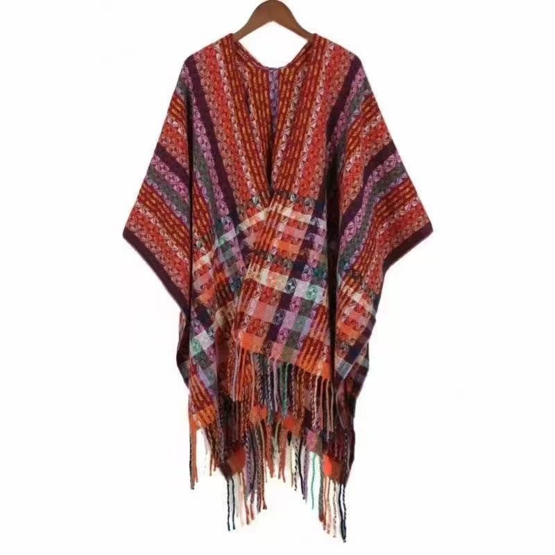 Écharpe douce à rayures colorées et pompons en Buddha Stones tibétaines pour l'automne et l'hiver