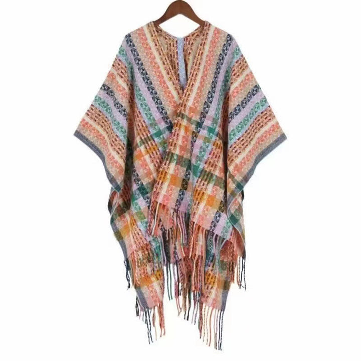 Écharpe douce à rayures colorées et pompons en Buddha Stones tibétaines pour l'automne et l'hiver