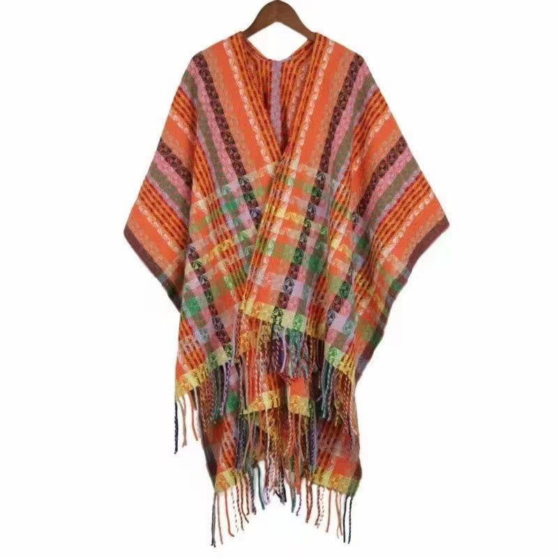Écharpe douce à rayures colorées et pompons en Buddha Stones tibétaines pour l'automne et l'hiver