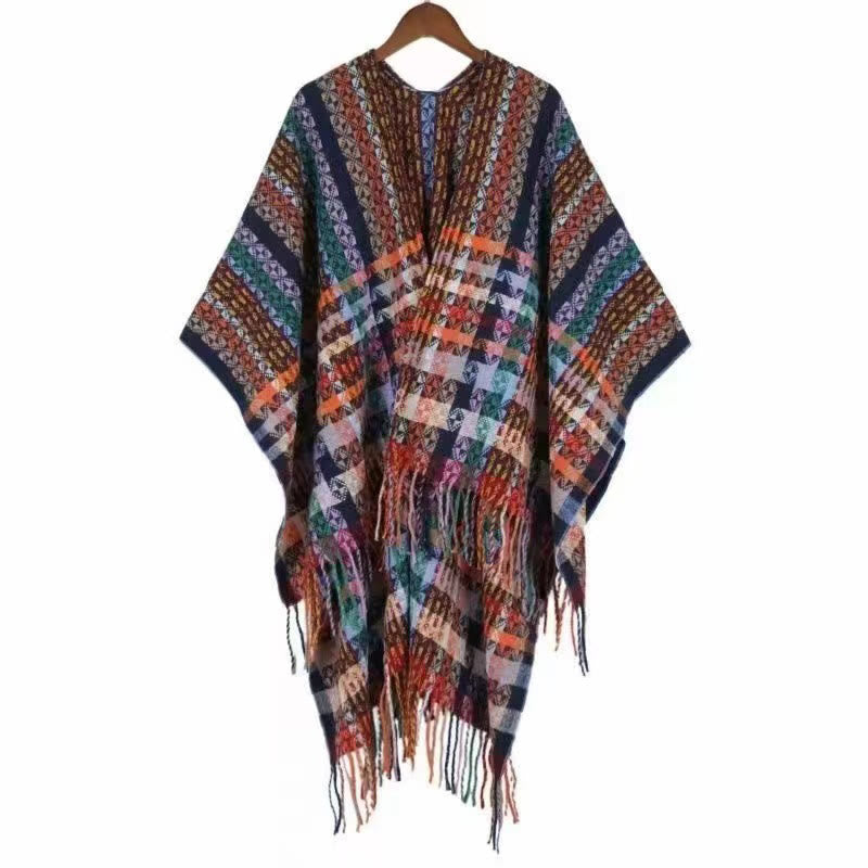 Écharpe douce à rayures colorées et pompons en Buddha Stones tibétaines pour l'automne et l'hiver
