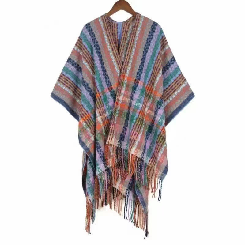 Écharpe douce à rayures colorées et pompons en Buddha Stones tibétaines pour l'automne et l'hiver