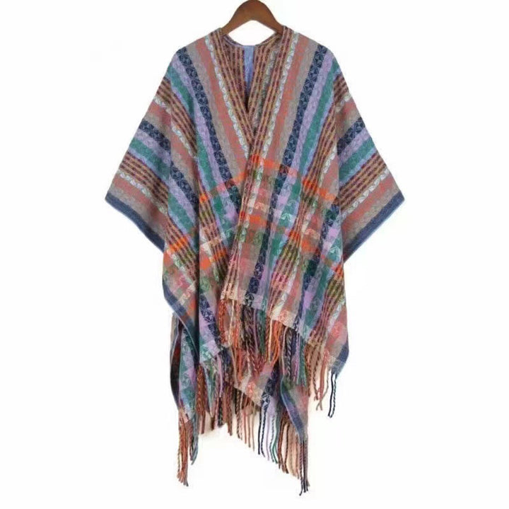 Écharpe douce à rayures colorées et pompons en Buddha Stones tibétaines pour l'automne et l'hiver