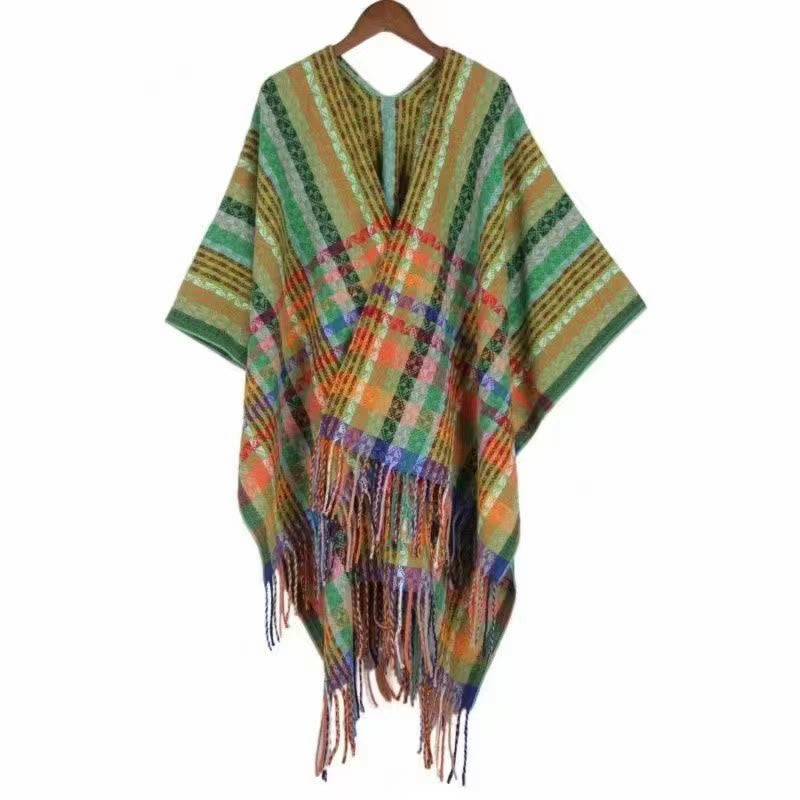 Écharpe douce à rayures colorées et pompons en Buddha Stones tibétaines pour l'automne et l'hiver