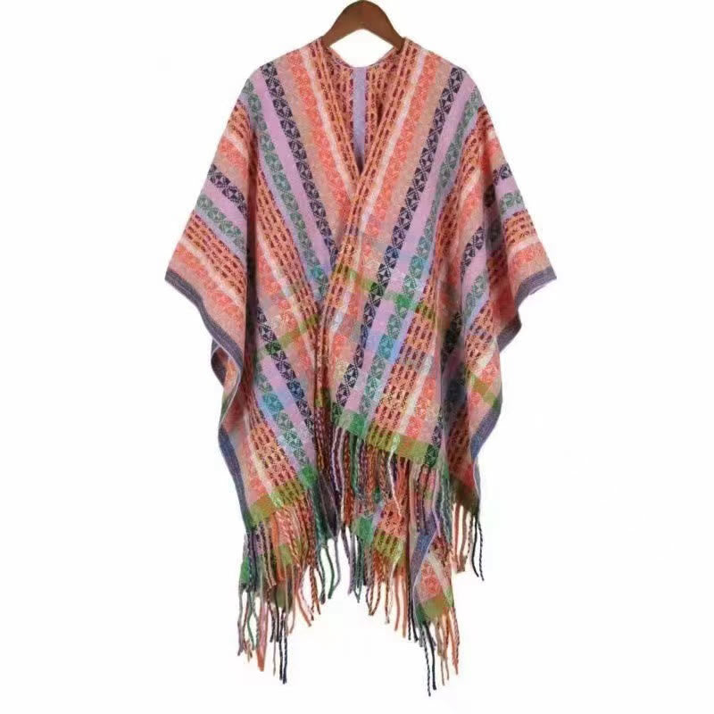 Écharpe douce à rayures colorées et pompons en Buddha Stones tibétaines pour l'automne et l'hiver