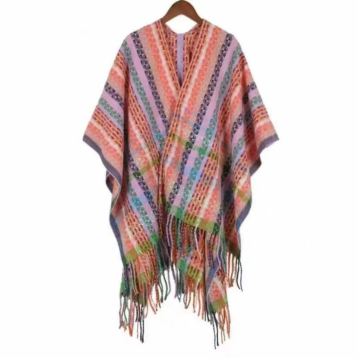 Écharpe douce à rayures colorées et pompons en Buddha Stones tibétaines pour l'automne et l'hiver