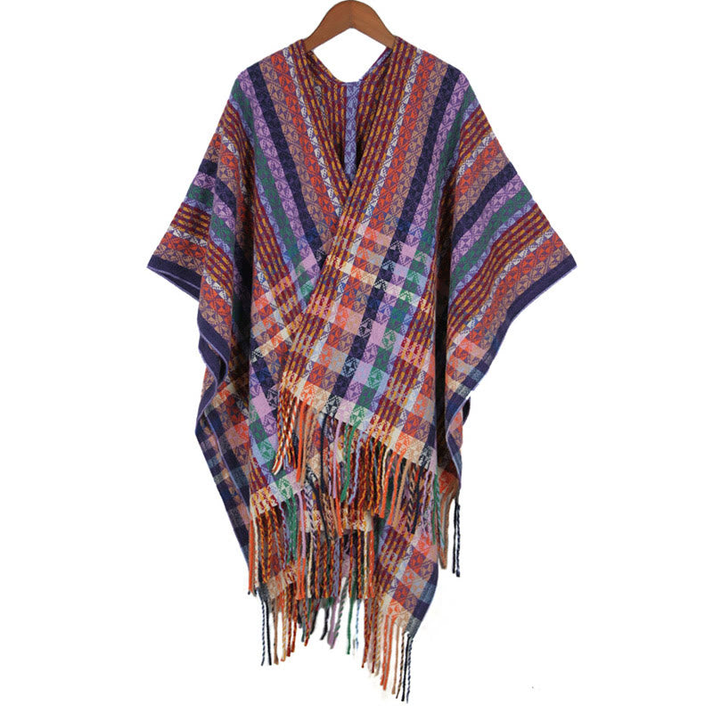 Écharpe douce à rayures colorées et pompons en Buddha Stones tibétaines pour l'automne et l'hiver