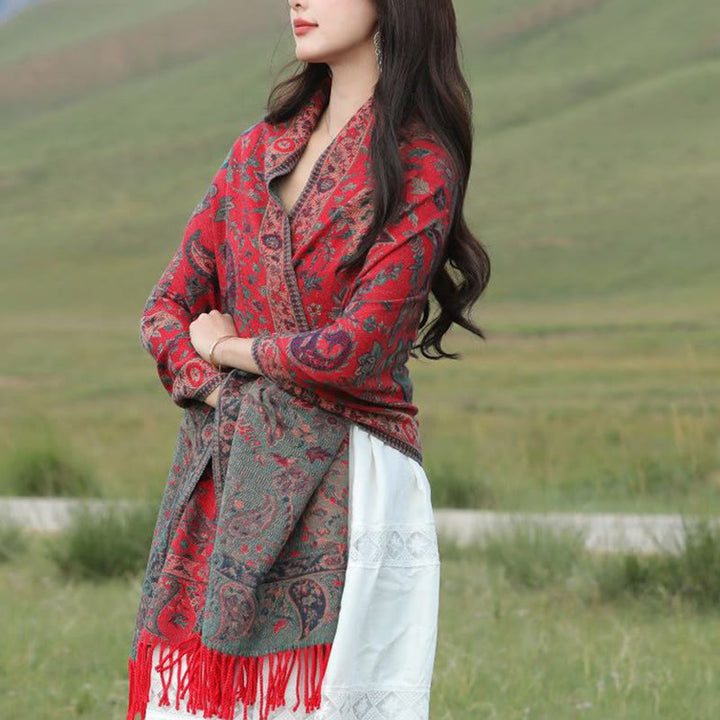 Écharpe enveloppante douce et confortable Buddha Stones, fleurs de cajou tibétaines, feuilles de vigne, glands, automne et hiver - image 4