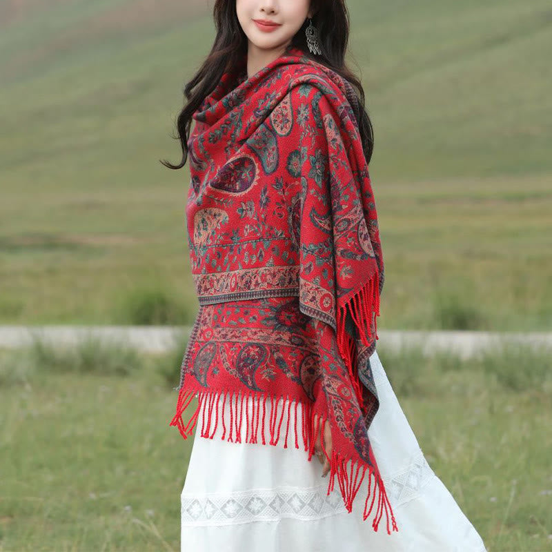 Écharpe enveloppante douce et confortable Buddha Stones, fleurs de cajou tibétaines, feuilles de vigne, glands, automne et hiver - image 1