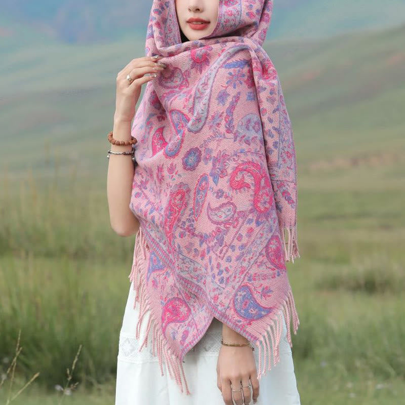 Écharpe enveloppante douce et confortable Buddha Stones, fleurs de cajou tibétaines, feuilles de vigne, glands, automne et hiver - Rose rouge 70*180cm - image 10