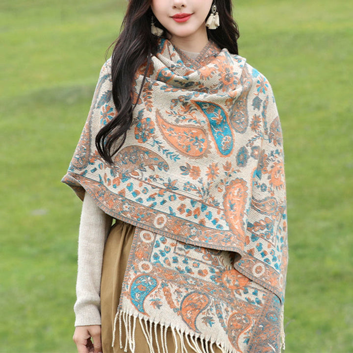 Écharpe enveloppante douce et confortable Buddha Stones, fleurs de cajou tibétaines, feuilles de vigne, glands, automne et hiver - Kaki 70*180cm - image 14