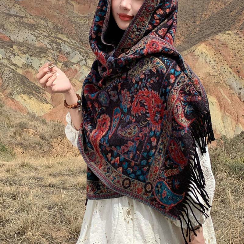 Écharpe enveloppante douce et confortable Buddha Stones, fleurs de cajou tibétaines, feuilles de vigne, glands, automne et hiver - Marron 70*180cm - image 27