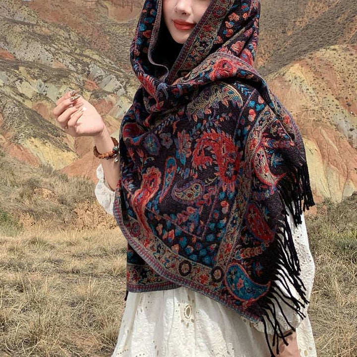 Écharpe enveloppante douce et confortable Buddha Stones, fleurs de cajou tibétaines, feuilles de vigne, glands, automne et hiver - Marron 70*180cm - image 27