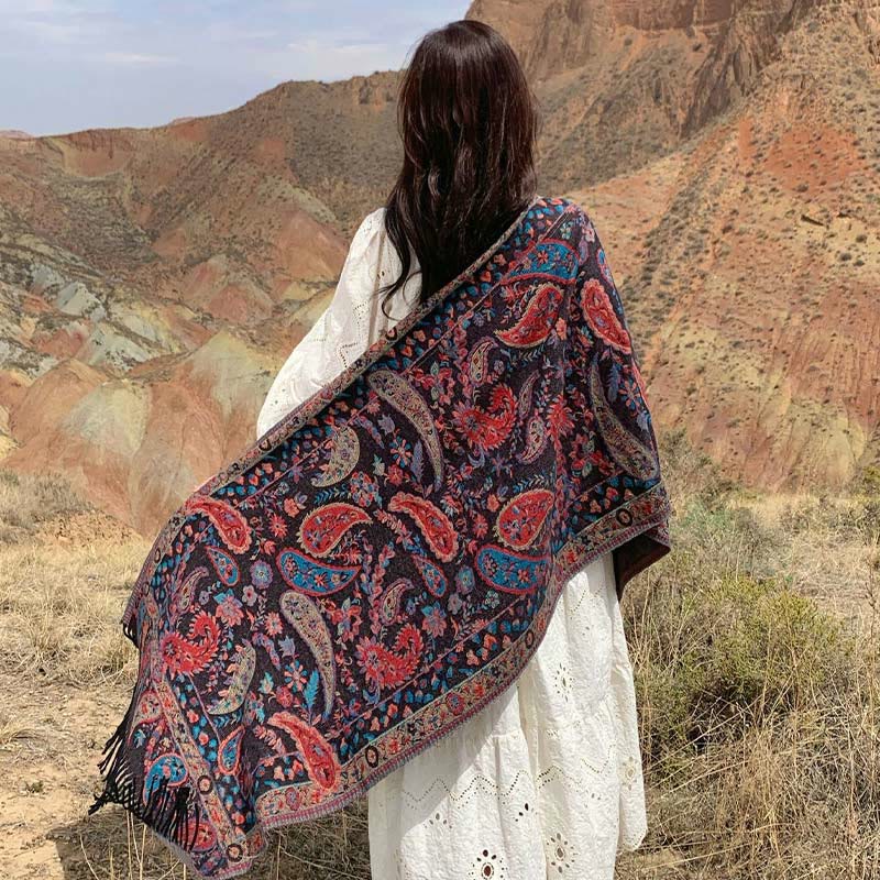 Écharpe enveloppante douce et confortable Buddha Stones, fleurs de cajou tibétaines, feuilles de vigne, glands, automne et hiver - image 30