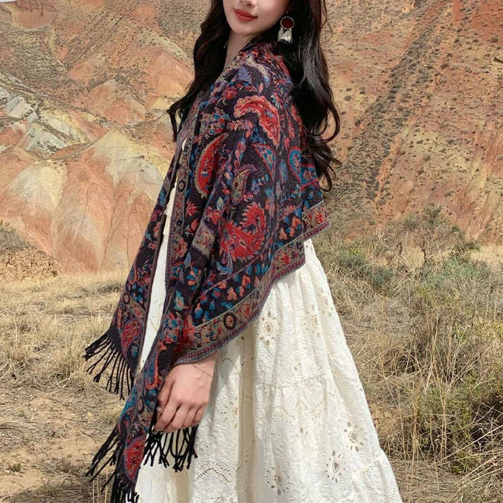 Écharpe enveloppante douce et confortable Buddha Stones, fleurs de cajou tibétaines, feuilles de vigne, glands, automne et hiver - image 29