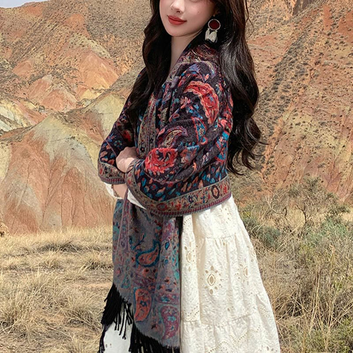 Écharpe enveloppante douce et confortable Buddha Stones, fleurs de cajou tibétaines, feuilles de vigne, glands, automne et hiver - image 32