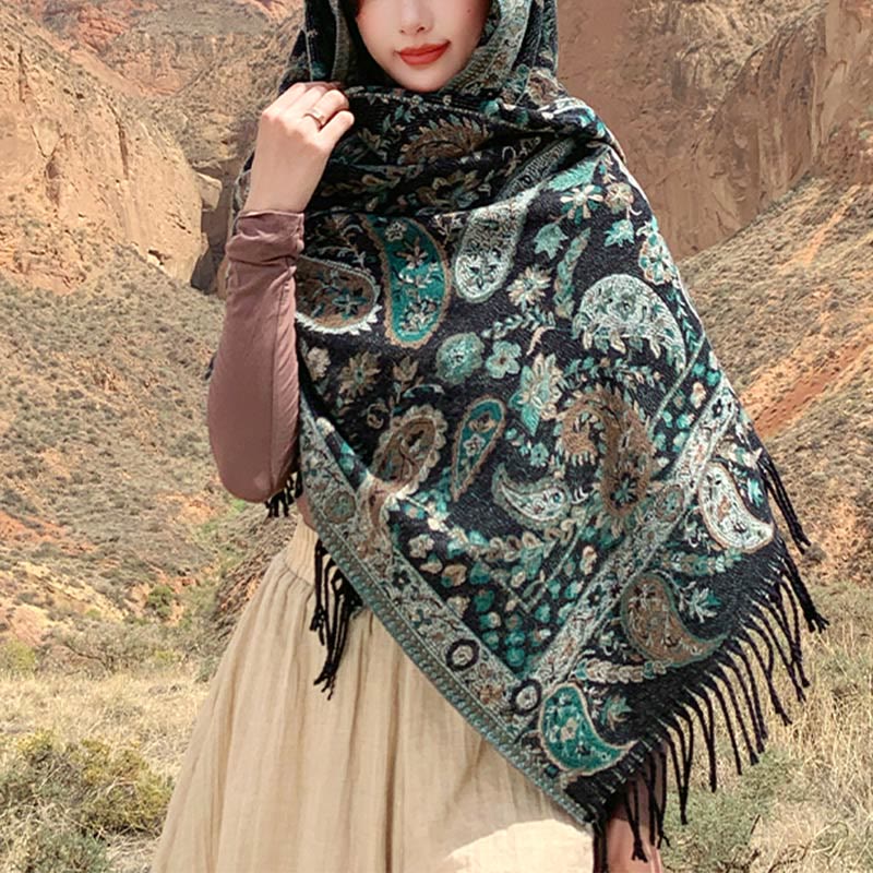 Écharpe enveloppante douce et confortable Buddha Stones, fleurs de cajou tibétaines, feuilles de vigne, glands, automne et hiver - Vert 70*180cm - image 34