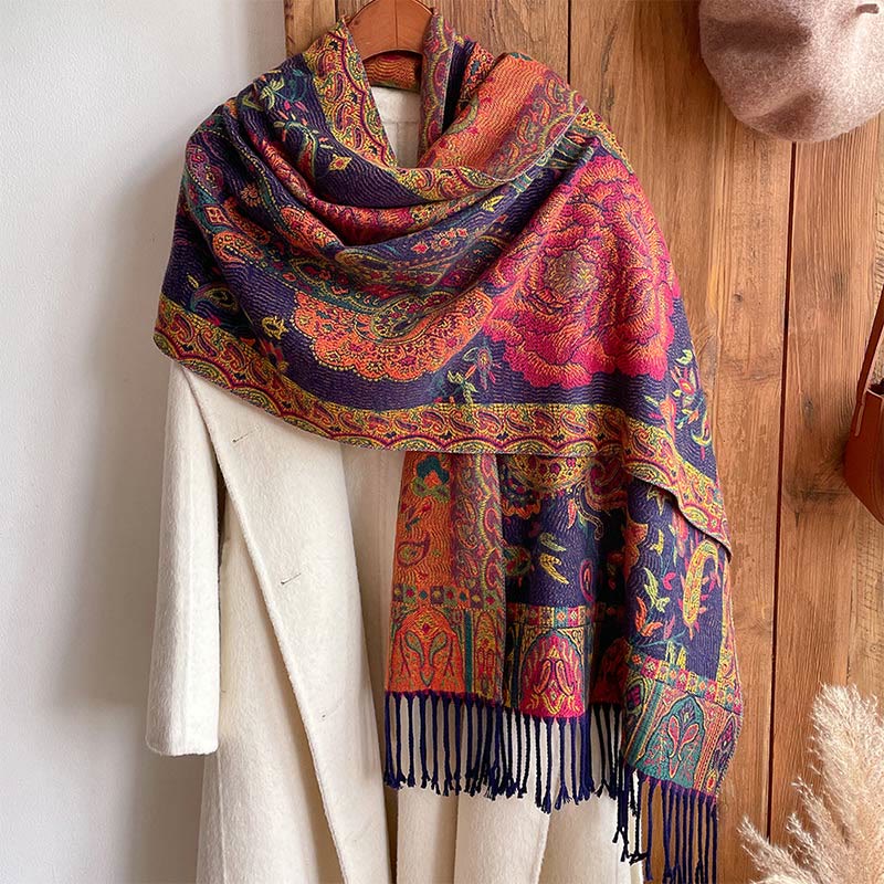 Écharpe enveloppante en Buddha Stones, fleurs de pivoine, de noix de cajou et de vigne, châle à pompons, pour l'automne et l'hiver