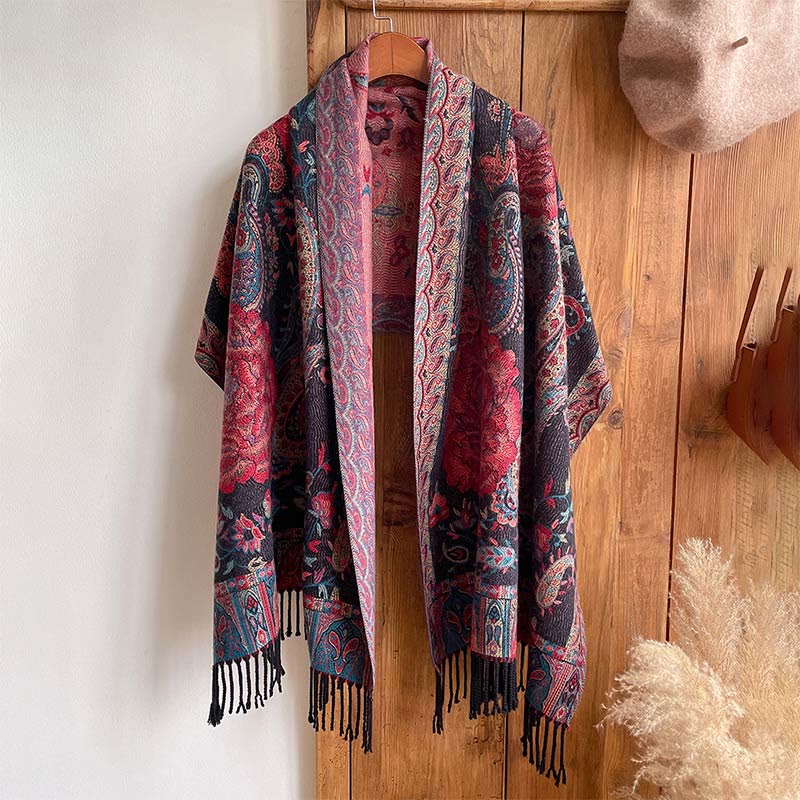 Écharpe enveloppante en Buddha Stones, fleurs de pivoine, de noix de cajou et de vigne, châle à pompons, pour l'automne et l'hiver
