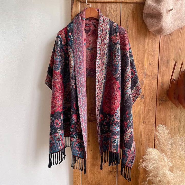 Écharpe enveloppante en Buddha Stones, fleurs de pivoine, de noix de cajou et de vigne, châle à pompons, pour l'automne et l'hiver