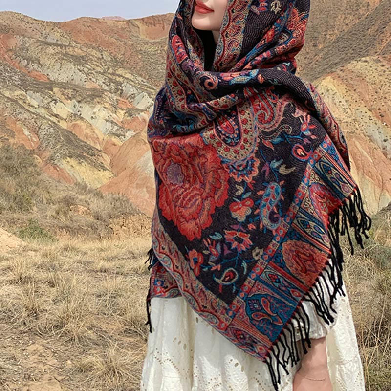 Écharpe enveloppante en Buddha Stones, fleurs de pivoine, de noix de cajou et de vigne, châle à pompons, pour l'automne et l'hiver - image 9