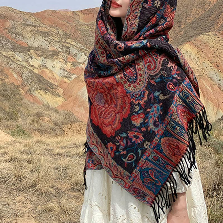 Écharpe enveloppante en Buddha Stones, fleurs de pivoine, de noix de cajou et de vigne, châle à pompons, pour l'automne et l'hiver - image 9