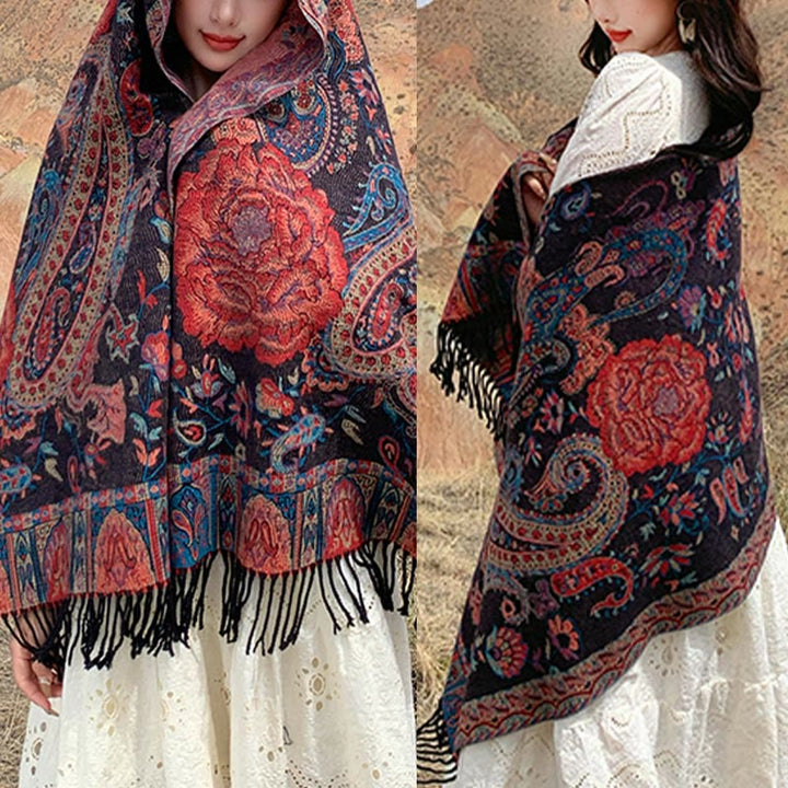 Écharpe enveloppante en Buddha Stones, fleurs de pivoine, de noix de cajou et de vigne, châle à pompons, pour l'automne et l'hiver - image 10