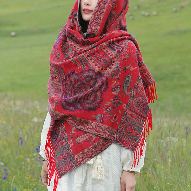 Écharpe enveloppante en Buddha Stones, fleurs de pivoine, de noix de cajou et de vigne, châle à pompons, pour l'automne et l'hiver - image 18