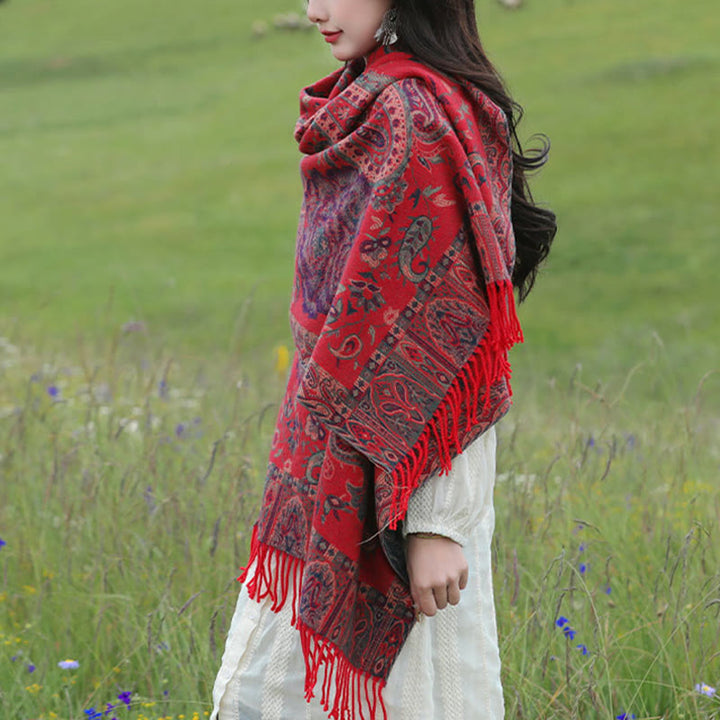 Écharpe enveloppante en Buddha Stones, fleurs de pivoine, de noix de cajou et de vigne, châle à pompons, pour l'automne et l'hiver - image 19