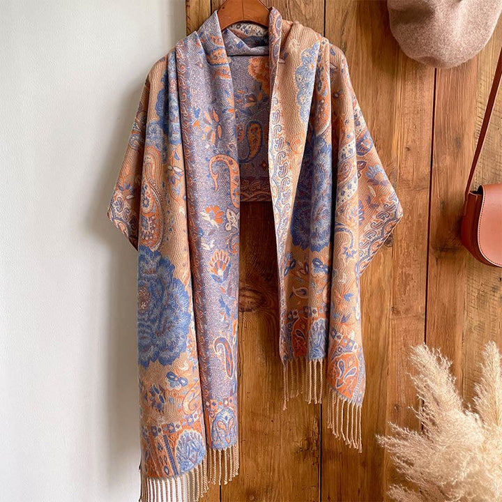 Écharpe enveloppante en Buddha Stones, fleurs de pivoine, de noix de cajou et de vigne, châle à pompons, pour l'automne et l'hiver