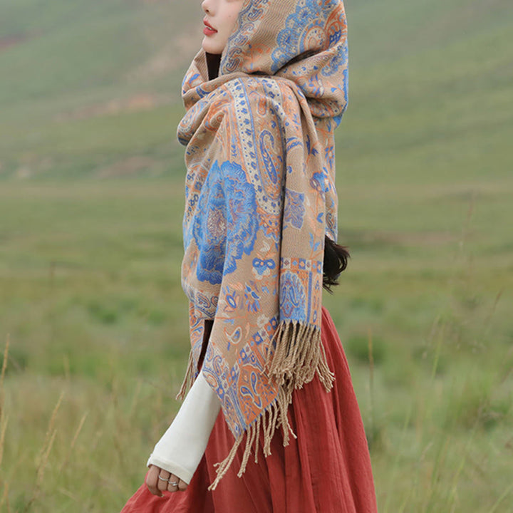 Écharpe enveloppante en Buddha Stones, fleurs de pivoine, de noix de cajou et de vigne, châle à pompons, pour l'automne et l'hiver - image 27