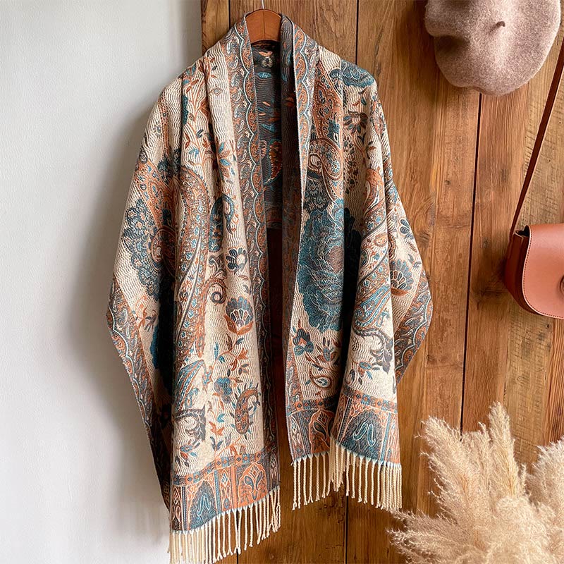 Écharpe enveloppante en Buddha Stones, fleurs de pivoine, de noix de cajou et de vigne, châle à pompons, pour l'automne et l'hiver