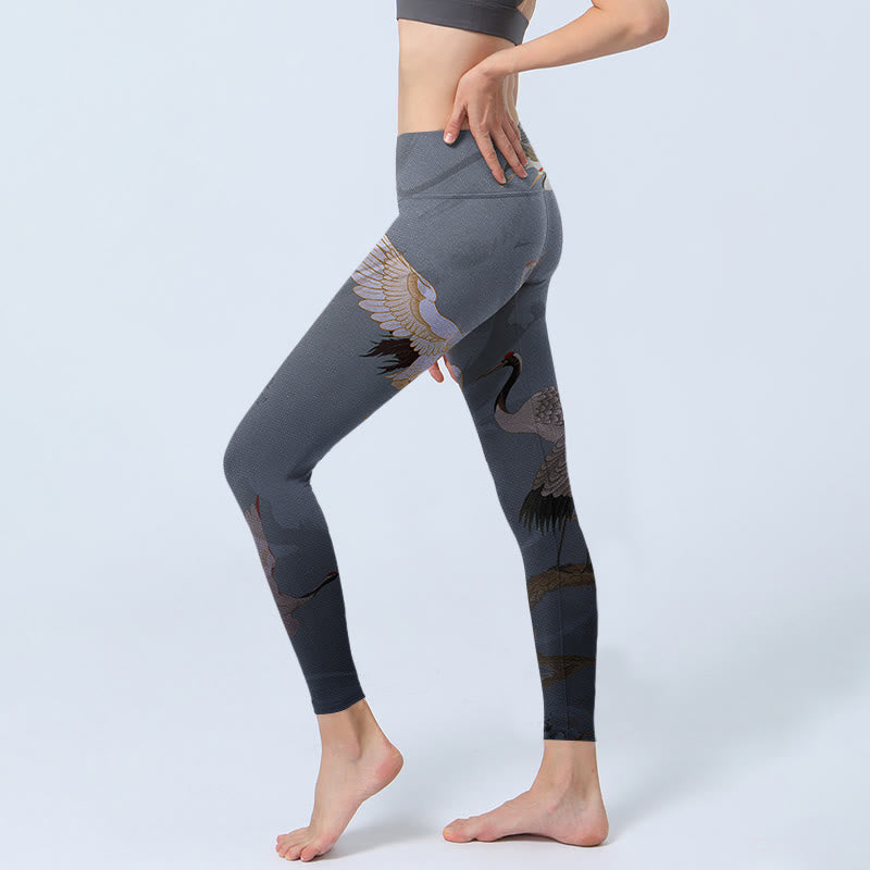 Leggings de sport à imprimé grue blanche et pin avec Buddha Stones et pantalon de yoga pour femme - image 3