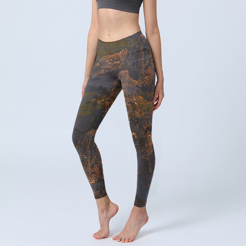Leggings de sport à imprimé Buddha Stones Golden Mountains Clouds Pantalon de yoga pour femme - SaddleBrown - US18，UK/AU22，EU50 (4XL) - image 0
