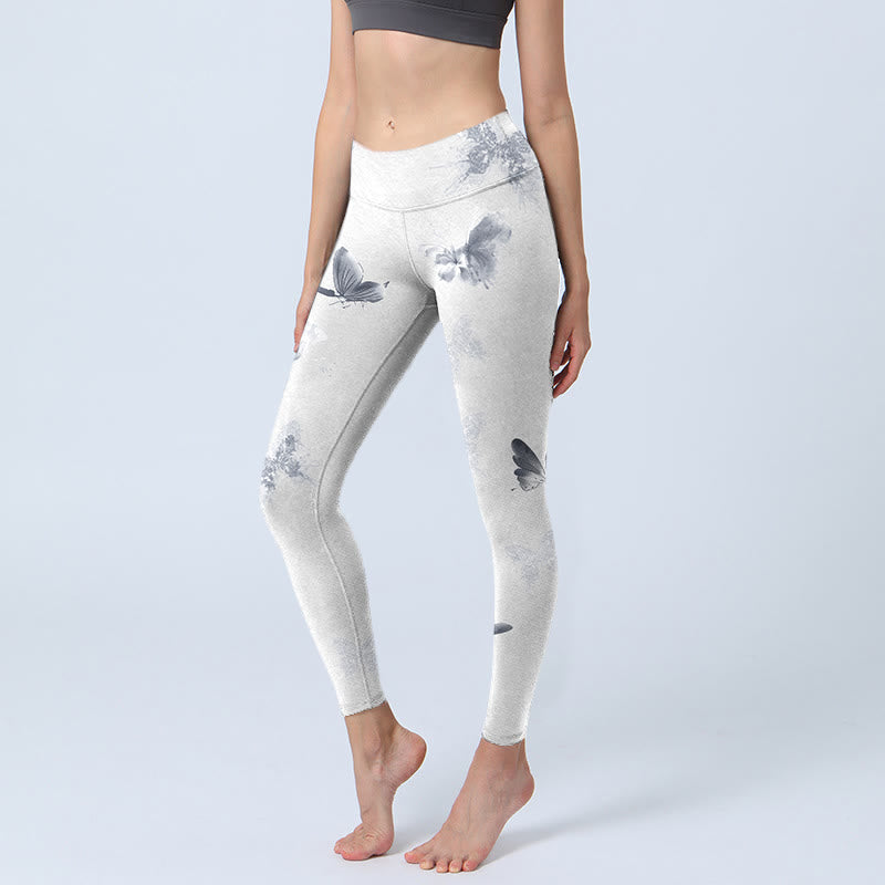 Pantalon de yoga pour femme avec leggings de sport à imprimé papillon blanc et gris Buddha Stones - Neige - US18，UK/AU22，EU50 (4XL) - image 1