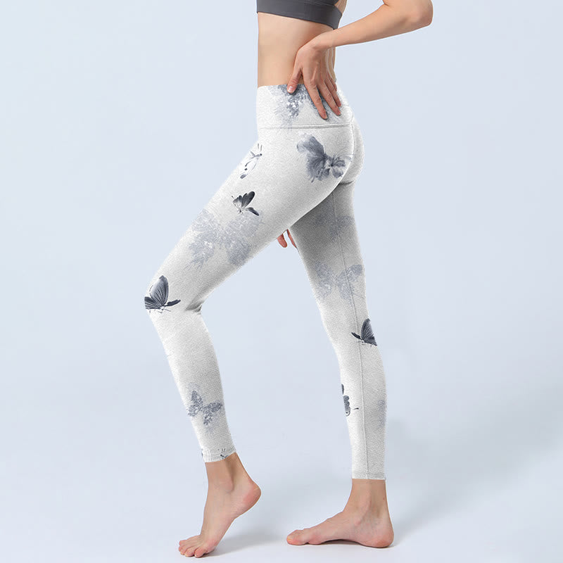 Pantalon de yoga pour femme avec leggings de sport à imprimé papillon blanc et gris Buddha Stones - image 3
