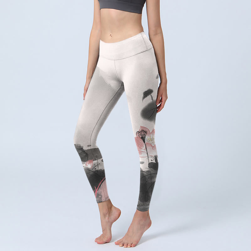 Leggings de fitness pour femme avec peinture à l' Buddha Stones et feuilles de lotus - Fumée blanche - US18，UK/AU22，EU50 (4XL) - image 1