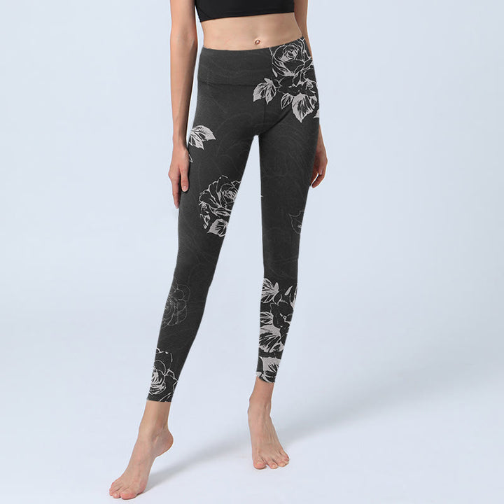 Leggings de fitness et de gym imprimés de fleurs de pivoine et de rose grises Buddha Stones Pantalons de yoga pour femmes - image 6