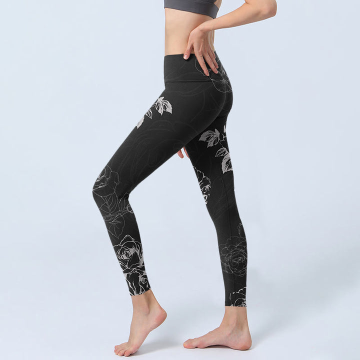Leggings de fitness et de gym imprimés de fleurs de pivoine et de rose grises Buddha Stones Pantalons de yoga pour femmes - image 3