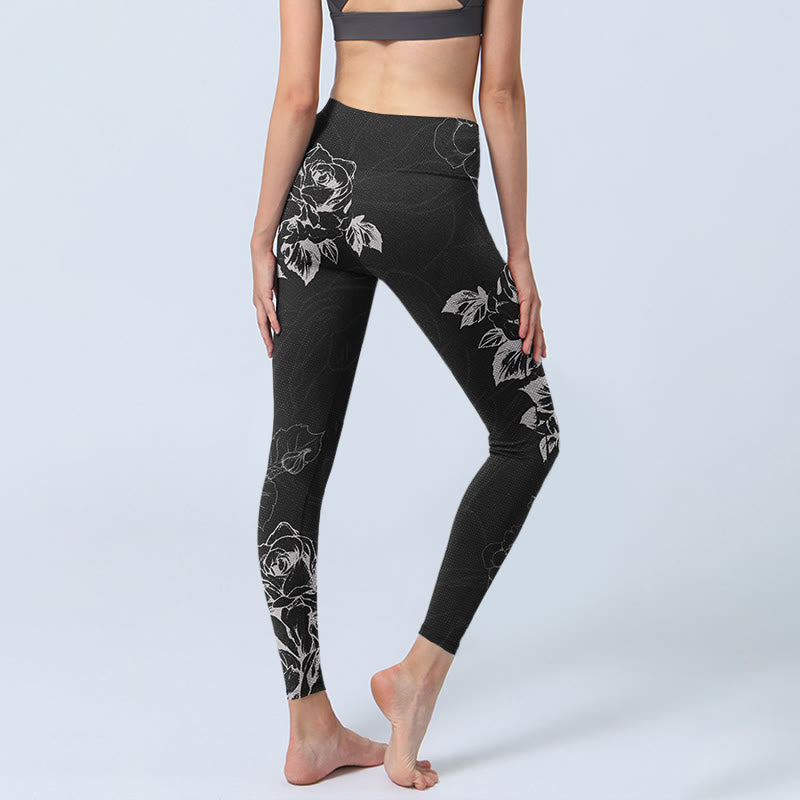 Leggings de fitness et de gym imprimés de fleurs de pivoine et de rose grises Buddha Stones Pantalons de yoga pour femmes - image 5