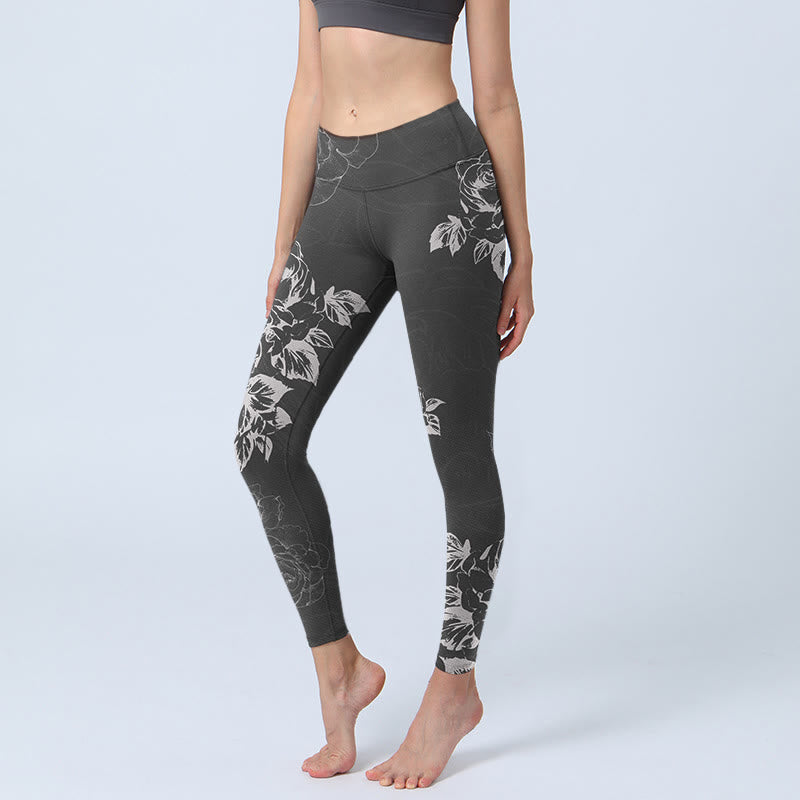 Leggings de fitness et de gym imprimés de fleurs de pivoine et de rose grises Buddha Stones Pantalons de yoga pour femmes - Gris - US18，UK/AU22，EU50 (4XL) - image 0