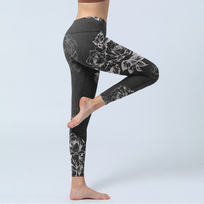 Leggings de fitness et de gym imprimés de fleurs de pivoine et de rose grises Buddha Stones Pantalons de yoga pour femmes - image 4
