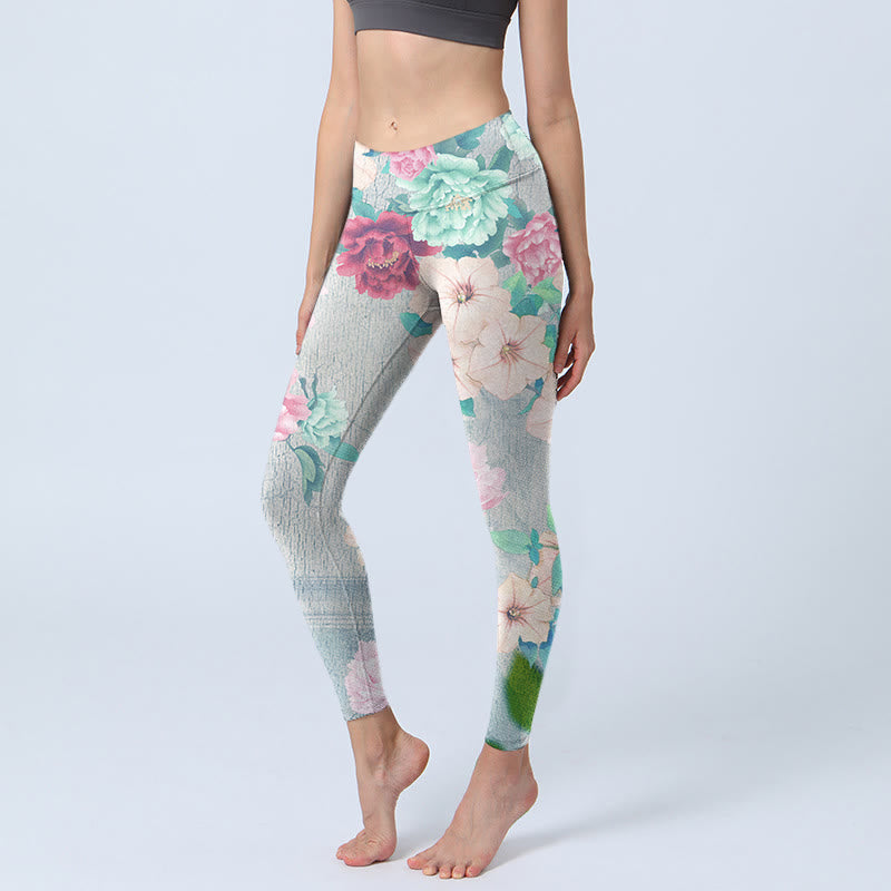 Leggings de fitness et de gym à imprimé fleurs de pivoine colorées avec Buddha Stones Pantalons de yoga pour femmes - Fumée blanche - US18，UK/AU22，EU50 (4XL) - image 1