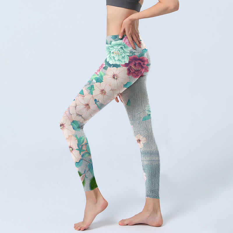 Leggings de fitness et de gym à imprimé fleurs de pivoine colorées avec Buddha Stones Pantalons de yoga pour femmes - image 3